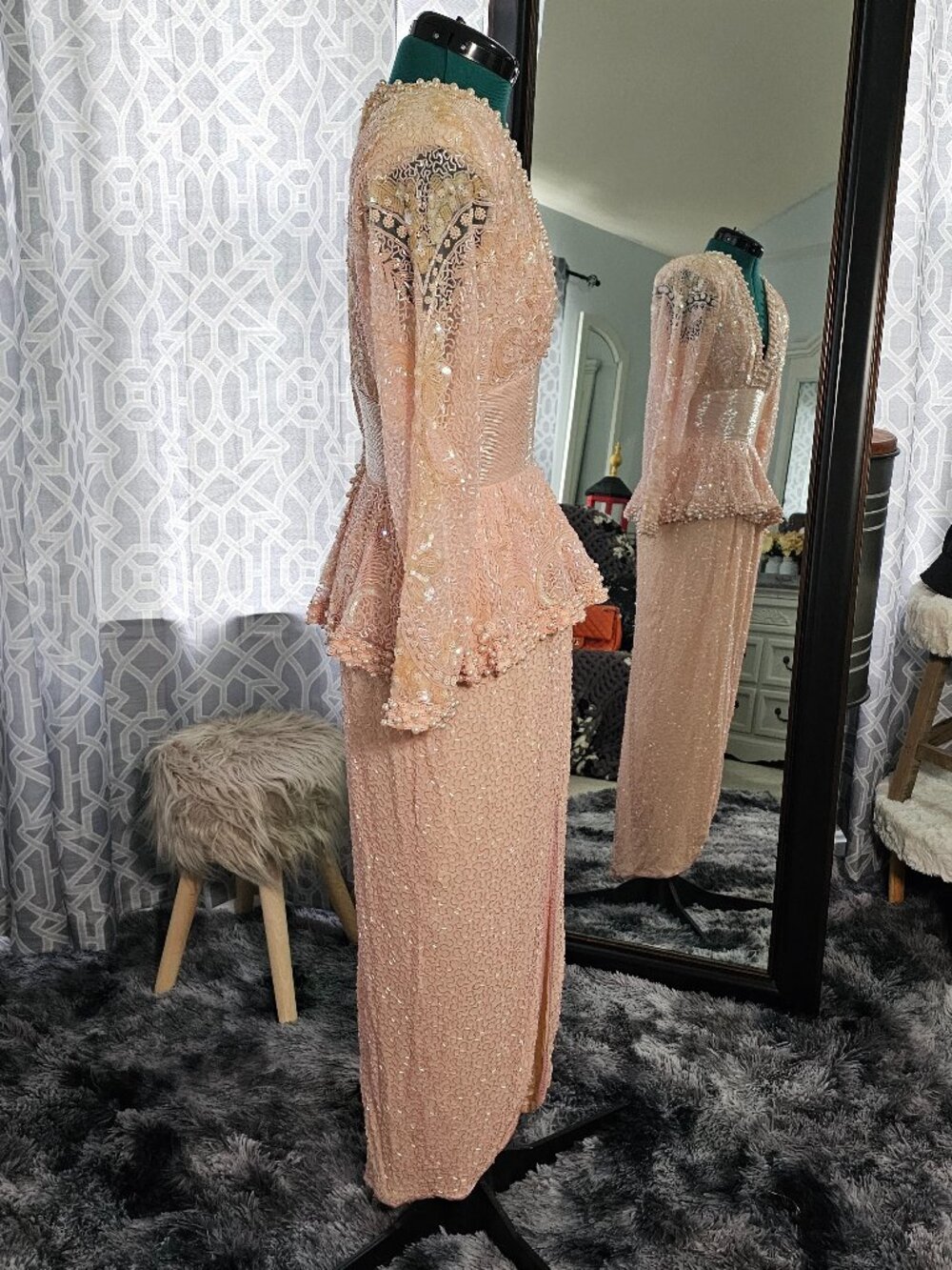 Lillie Rubin x Riazee New York Vintage 1980s Blush Beaded Evening Gown, Size S - Picture 4 of 8